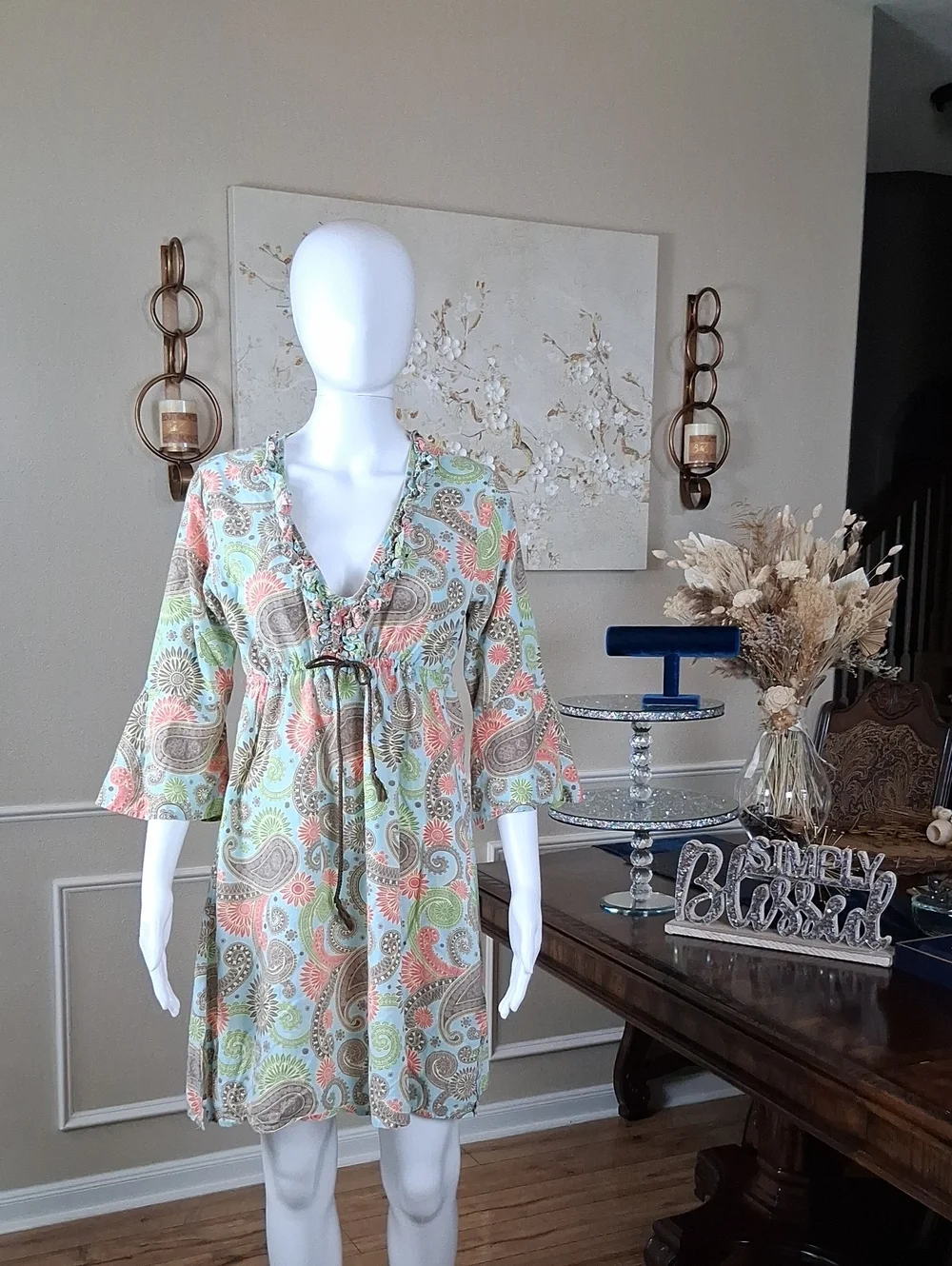 Women's Boho Linen Paisley Print Summer Dress  Multicolor Coverup Medium - Picture 11 of 17